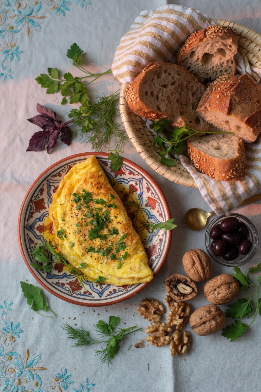 Brunch du Marché — omelette, sourdough and Mediterranean spread, Boulangerie D'Amore Nice